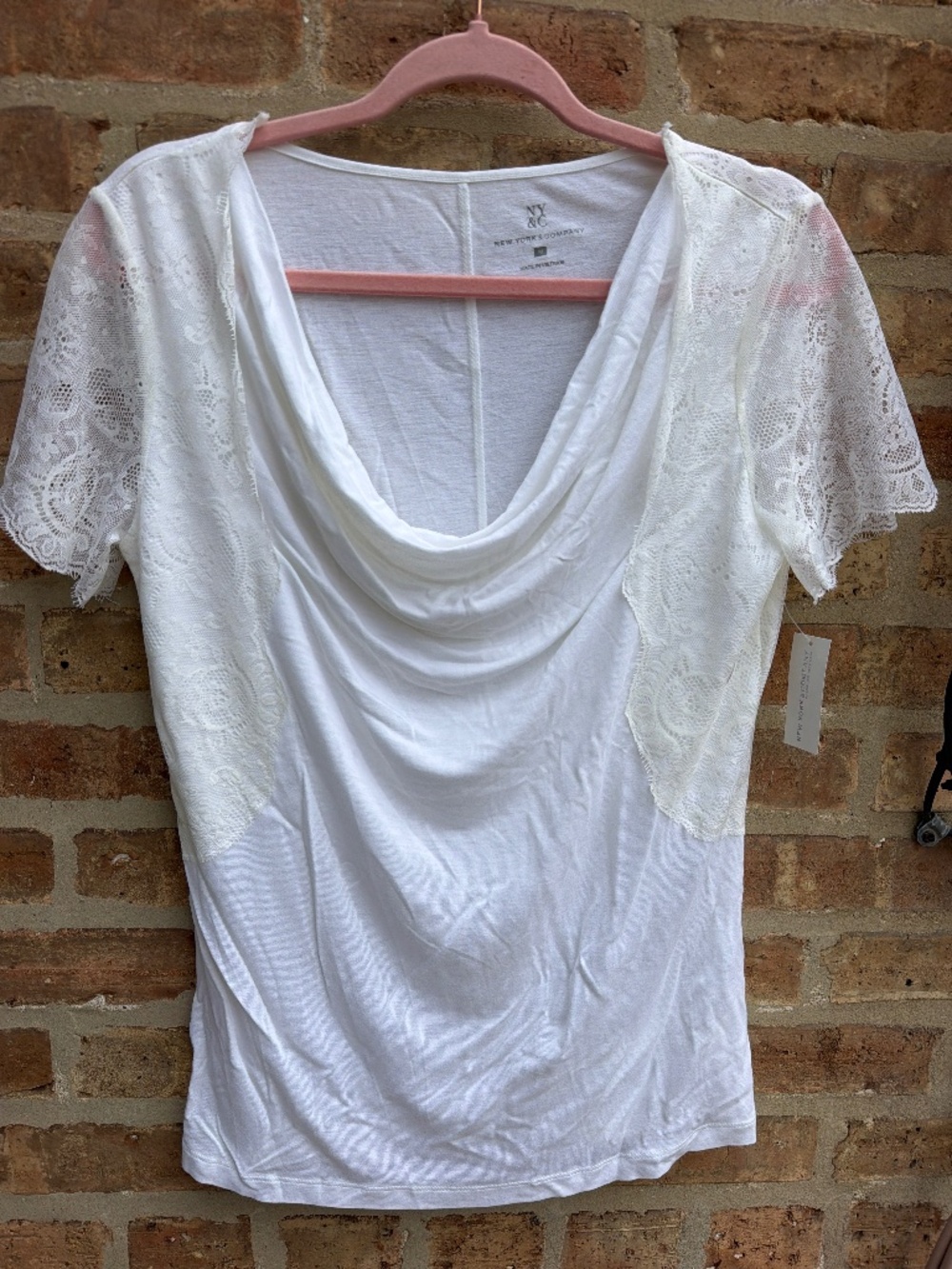 New York & Company white lace cowl neck top with lace sleeves, size M #cowlneck